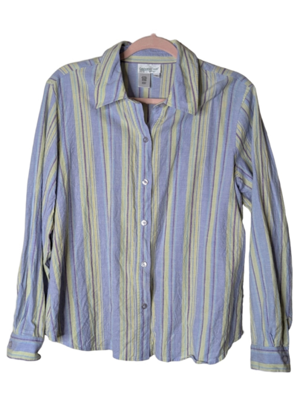 Women's Coldwater Creek Striped Button Down Shirt 1X Blue Green Linen Blend